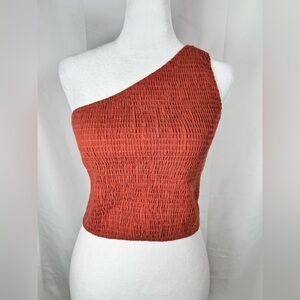 Pretty Garden One Shoulder Smocked Crop Top Small Brown Stretch